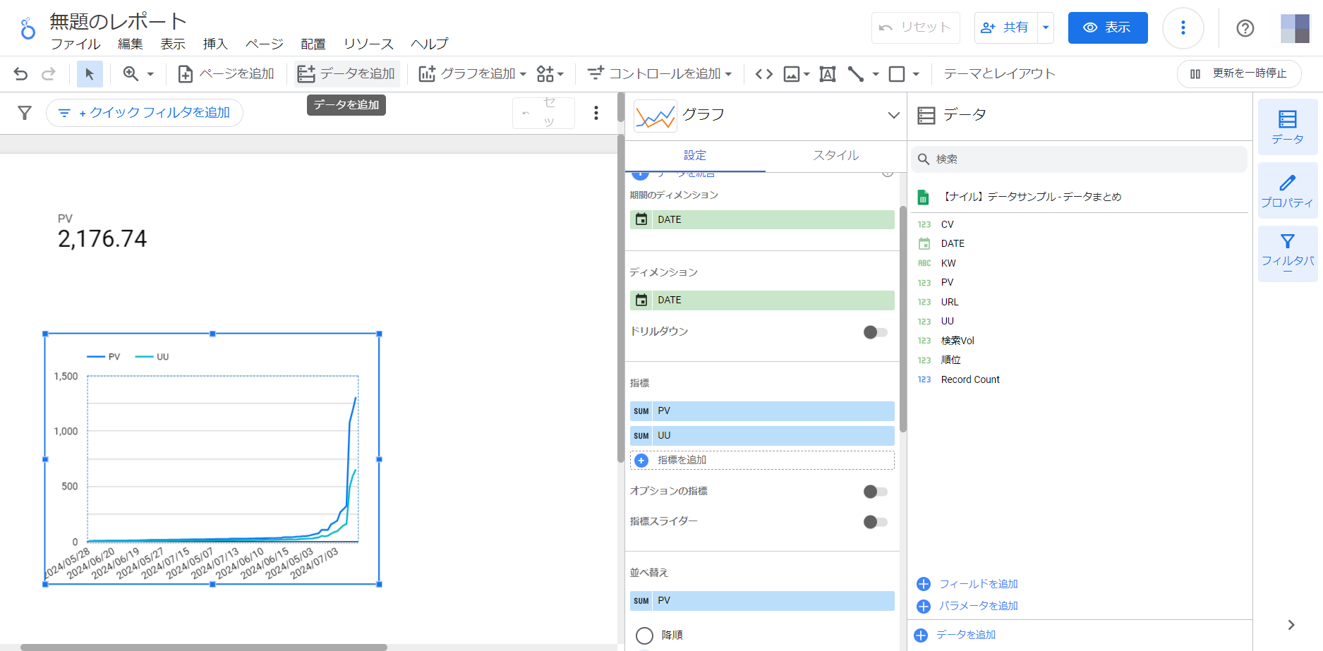 Looker StudioでPVやUUの伸び率を設定するページ