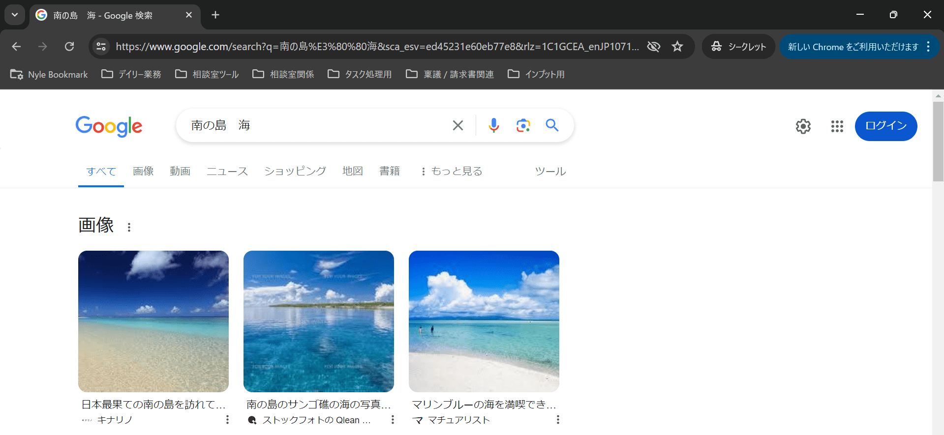「南の島 海」と検索し、「海の画像検索結果」が表示されているGoogle検索結果画面キャプチャ