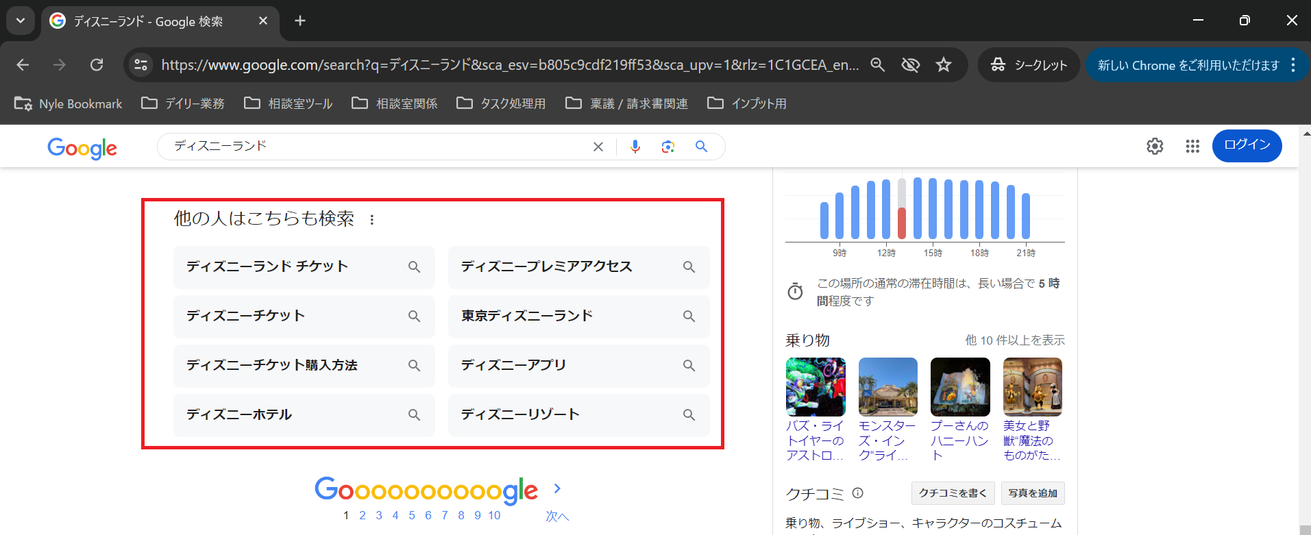 「東京ディズニーランド」と検索し、自然検索TOPに公式サイト、下に「他の人はこちらも検索」、右横に東京ディズニーランドのナレッジグラフが表示されているGoogle検索結果画面キャプチャ