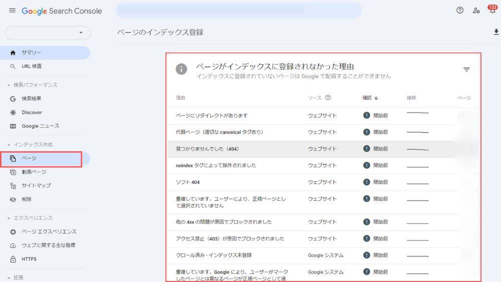 Google Search Consoleの「ページがインデックスに登録されなかった理由」のページ画像